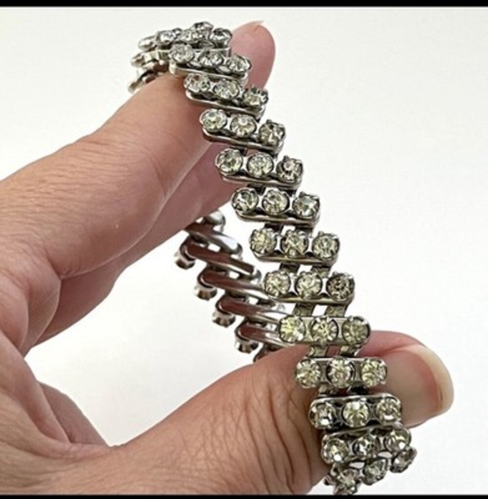 Vintage mid-century rhinestone expansion bracelet marked “Made in Japan.”